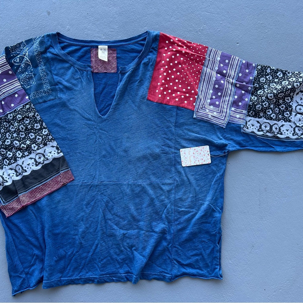 Free People Multicolor Patchwork Long Sleeve Top size S Oversized Loose